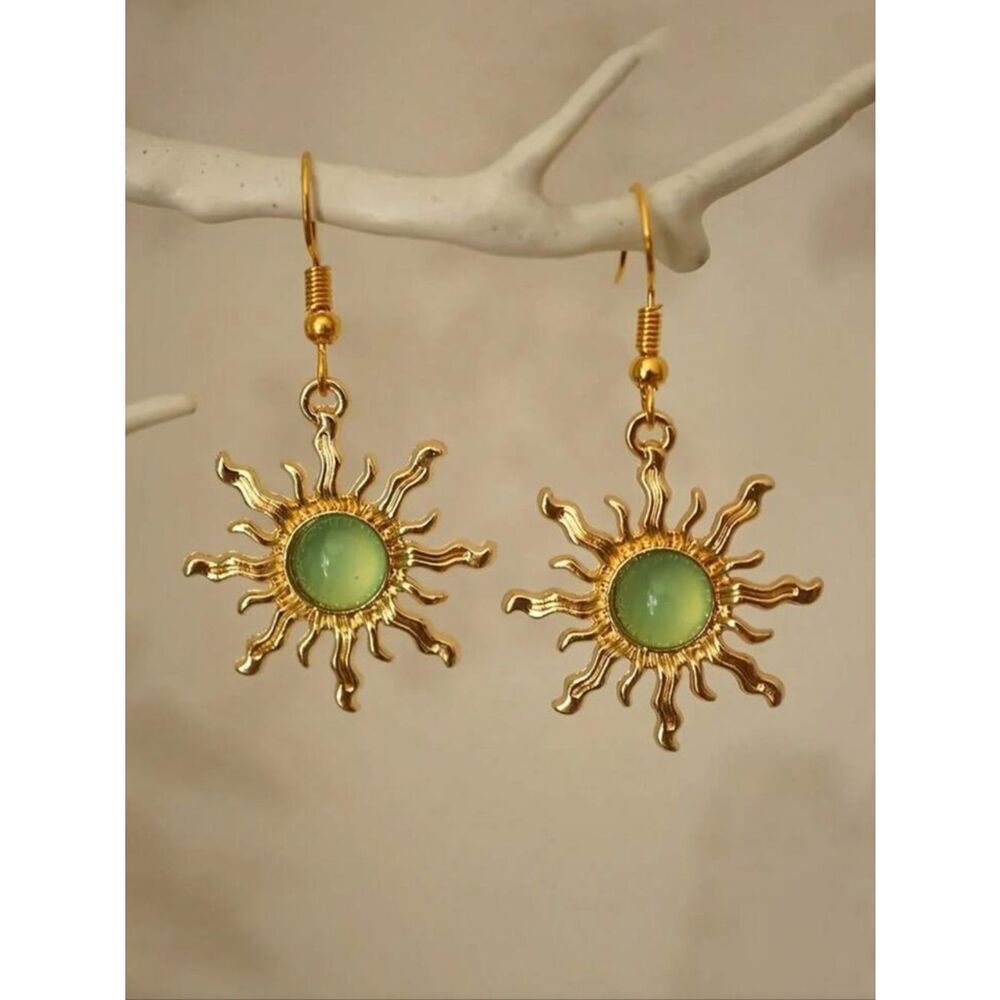Gold SunburstβDrop Earrings with Green Gem Center - Women Jewelry R 523